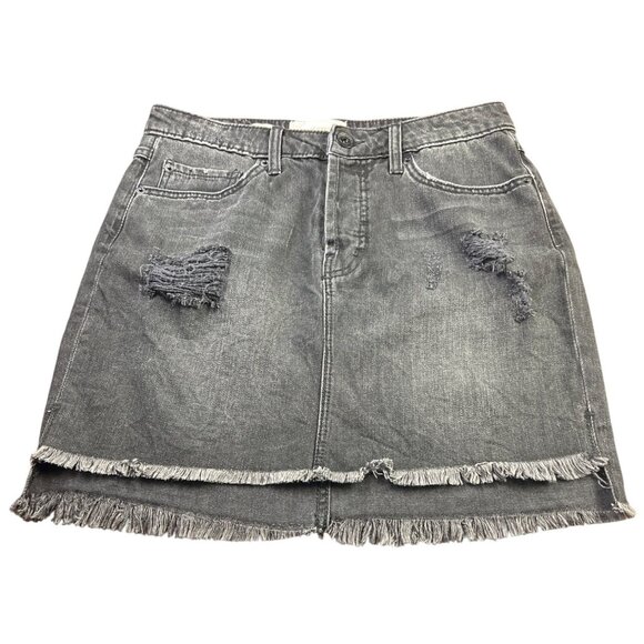 Band Of Gypsies Ella Womens Distressed Black Denim Mini Skirt Fringe Hem 28 - Picture 1 of 9
